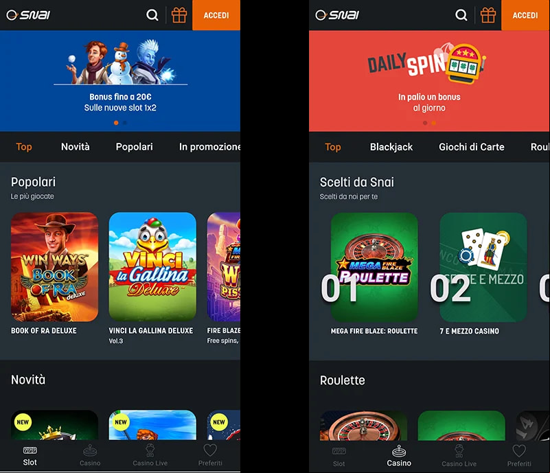 Due screenshot della app Casino e Slot di SNAI su smartphone