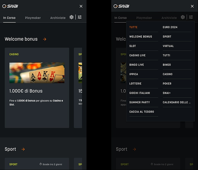 Due screenshot della sezione bonus e promozioni nella app Casino e Slot di SNAI